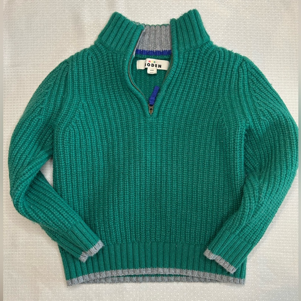 Mini Boden Green Knit Quarter Zip Sweater | Size 6–7Y | Classic Preppy